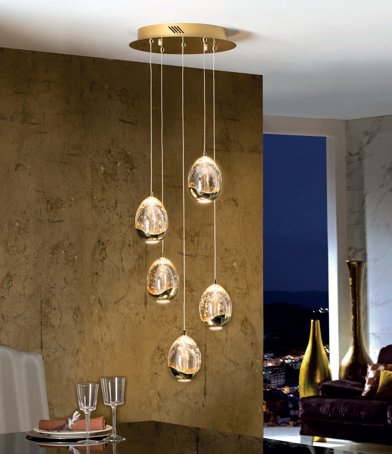LED Pendant 5 Light Pendant Chrome or Gold