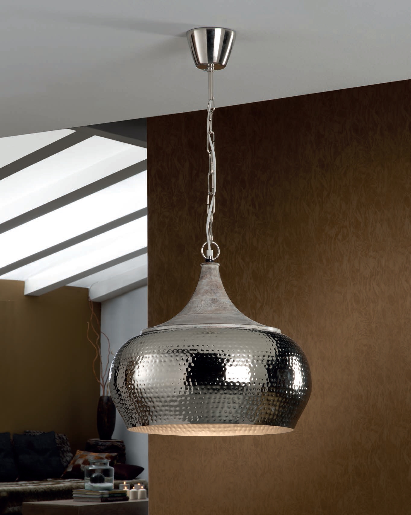 Hammered Metal LED Pendant Aged Wood