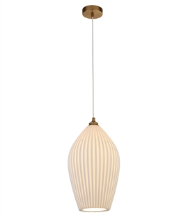 White Ceramic Shade Pendant - Ribbed with Antique Brass