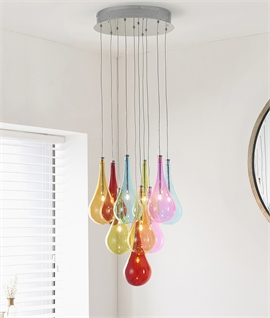 Modern 10 Light Multi-Coloured Glass Teardrop Cluster Pendant