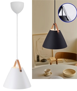 Small Ceiling Light Pendant with Leather Strap - Compact Black or White 165mm Shade