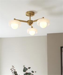 Art Deco Style Brass & Opal Globe Shades Semi-Flush Triple Light