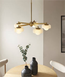 Art Deco Style Brass and Opal Globe Shade 5 Arm Chandelier