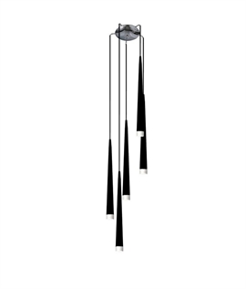 Long Drop 5 Light Pendant with Fluted Black Shades 
