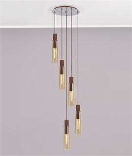 Bruni 5 Light Round Long Drop Pendant - Mocha & Amber Glass