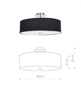 Black Round Fabric Shade Semi-Flush Ceiling Light - Frosted Glass Diffuser Dia 50cm