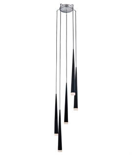 Long Drop 5 Light Pendant with Fluted 5 Shades - Black, White or Chrome