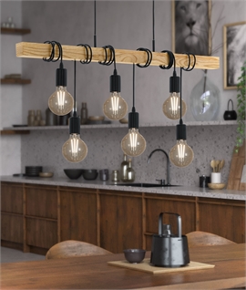 Oak Wood Trapeze Bar Pendant with 6 Looped Bare Lamp Flexes 