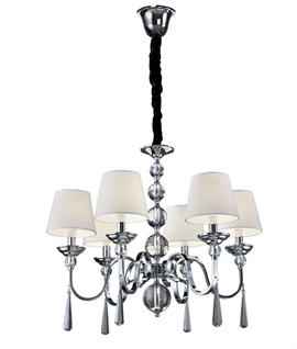 6 Arm Chrome FInish Chandelier - White Shades & Crystals