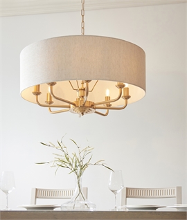 Brass Chandelier & Natural Linen Shade Pendant Lights