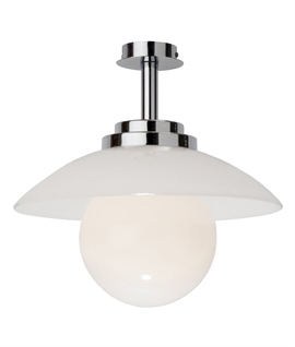 Art Deco Semi-Flush Chrome and White Glass Ceiling Light