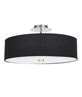 Black Round Fabric Shade Semi-Flush Ceiling Light - Frosted Glass Diffuser Dia 50cm