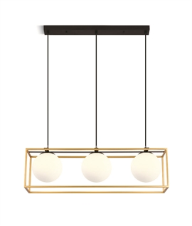 Open Frame Box Light Pendant with 3 Opal Globes - Brass & Black