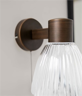 Bronze Bathroom Wall Light with Ribbed Glass Shade and Pull Cord – IP44 Rated