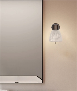Bronze Bathroom Wall Light with Ribbed Glass Shade and Pull Cord – IP44 Rated