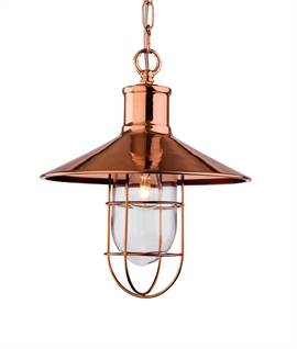 Metal Coolie Shade Light Pendant with Caged lamp & Clear Glass - in Brass or Copper Finish