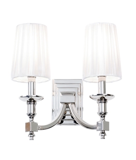 Chrome Double Arm Wall Light with Pleated White Shades