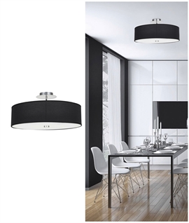 Black Round Fabric Shade Semi-Flush Ceiling Light - Frosted Glass Diffuser Dia 50cm
