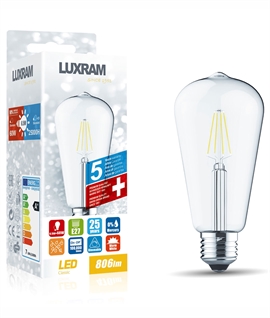 E27 LED Rustica Tip 6.5W Clear Lamp - Dimmable 2700K 