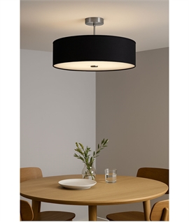 Black Round Fabric Shade Semi-Flush Ceiling Light - Frosted Glass Diffuser Dia 50cm