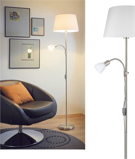Classic tapered drum shade floor lamp with built in reader