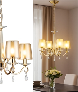 Modern French Gold 4 Arm Chandelier Amber & Frosted Glass Shades