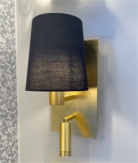 Gold Wall Light with Black Shade and LED Reading Light – Plug-In or Hardwired - Built-In Reading Light - Independently Switched