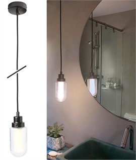 LED IP44 Gunmetal LED Bathroom Pendant Light - Textured Glass