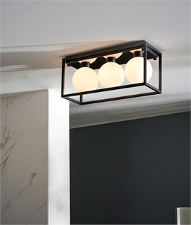 Black Linear Frame Ceiling Light with Opal Globes - IP44