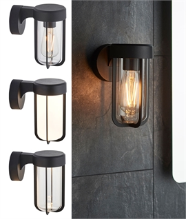 Contemporary Well Glass Wall Light - Black Finish, IP44 with Cage