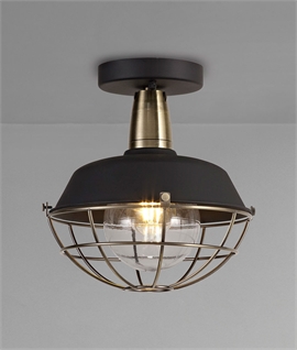 Exterior Semi-Flush Black & Antique Brass Ceiling Light - IP65 Rated