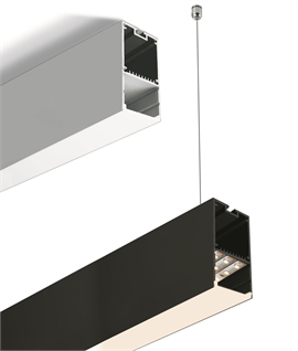 Deep aluminium LED profile with internal driver housing. Surface or suspended mounting
