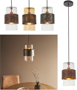Glass Valve Style Light Pendants with Oxidised Metal Finishes 