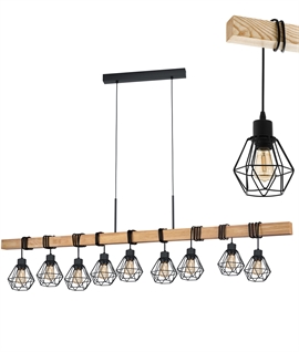 Oak Wood Bar Pendant with Caged Lamp Flexes
