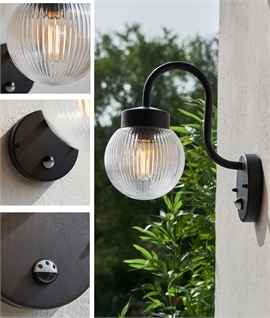 Exterior Curved Arm and Glass Globe Wall Light with PIR