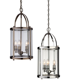 Chain Suspended 3-Light Edwardian Cylindrical Glass Lantern In two Finishes