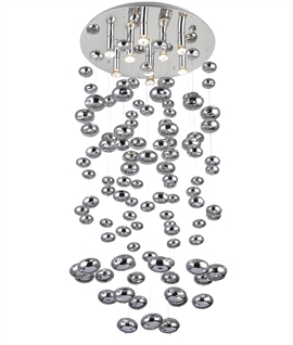 Long drop ceiling light - top lit chromed steel baubles