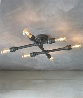 Exposed Pipe Industrial 6 Lamp Semi-Flush Ceiling Light
