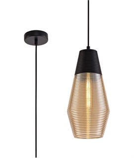 Amber Ribbed Glass & Black Finish Pendants 