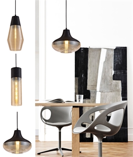 Amber Ribbed Glass & Black Finish Pendants 