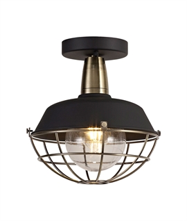 Exterior Semi-Flush Black & Antique Brass Ceiling Light - IP65 Rated