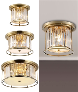 Flush Ceiling Light - Antique Brass & Clear Crystals - 3 Options