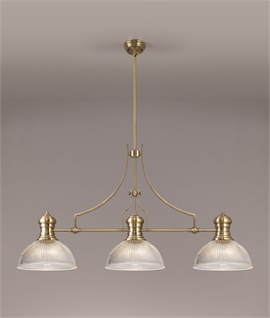 Antique Brass 3 Light Linear Pendant - 30cm Dome Ribbed Shades