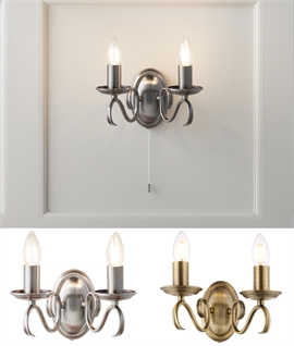 Twin Arm Switched Chandelier Wall Light - Scrolled Detailing