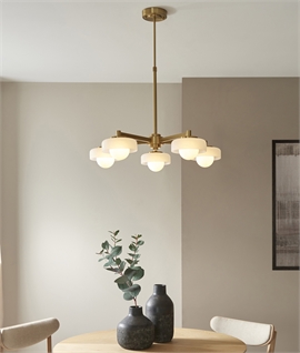 Art Deco Style Brass and Opal Globe Shade 5 Arm Chandelier