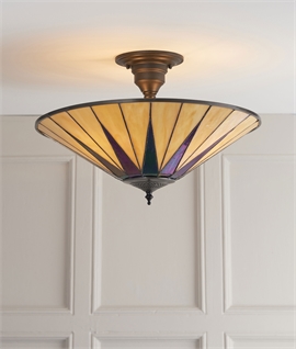 Art Deco Bronze & Tiffany Glass Starburst Semi-Flush Light 