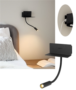 Black Bedside Adjustable Reading Light - Shelf, USB and Switched 