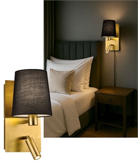 Gold Wall Light with Black Shade and LED Reading Light – Plug-In or Hardwired - Built-In Reading Light - Independently Switched