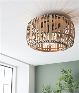 Retro Bamboo Flush Ceiling Light - Open Drum Shade