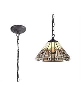 Berger 1 Light Downlighter Pendant E27 With 30cm Tiffany Shade, White-Grey-Black-Clear Crystal-Aged Antique Brass